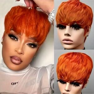 Ginger Color Short Wig with Bangs Orange Color Pixie Cut Bob Wig 100% Human Hair